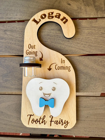 Personalized Tooth Fairy Door Hanger – Custom Name Tooth Holder with Jar