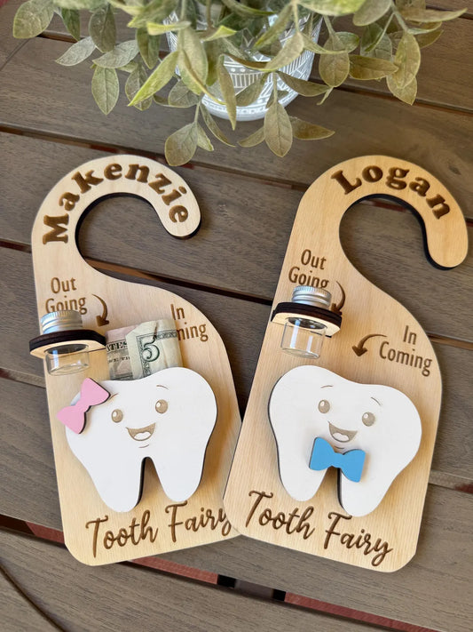 Personalized Tooth Fairy Door Hanger – Custom Name Tooth Holder with Jar