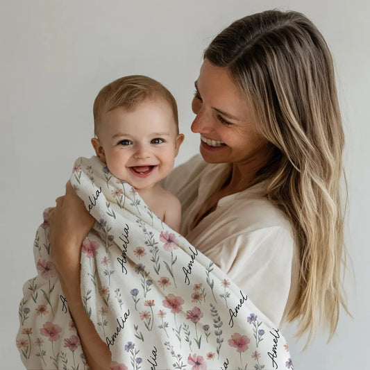 Personalized Wildflower Blanket – Custom Name Swaddle Gift