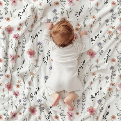 Personalized Wildflower Blanket – Custom Name Swaddle Gift