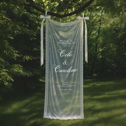 Personalized Sheer Lace Wedding Welcome Sign – Romantic Wedding Banner