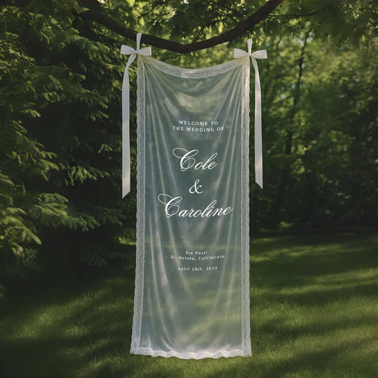 Personalisiertes Willkommensschild aus zarter Spitze für die Hochzeit – Romantisches Hochzeitsbanner