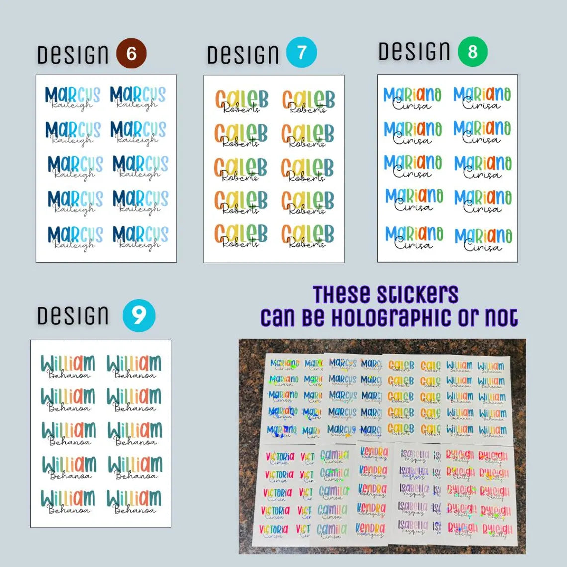 Custom Name Stickers – Waterproof Holographic School Labels  2 Sheets