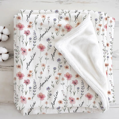 Personalized Wildflower Blanket – Custom Name Swaddle Gift