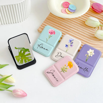 Personalized Birth Flower Compact Mirror – Custom Name Makeup Mirror