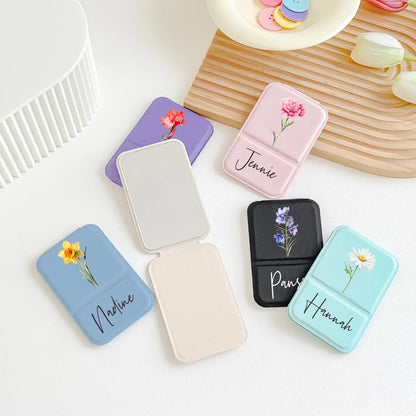 Personalized Birth Flower Compact Mirror – Custom Name Makeup Mirror