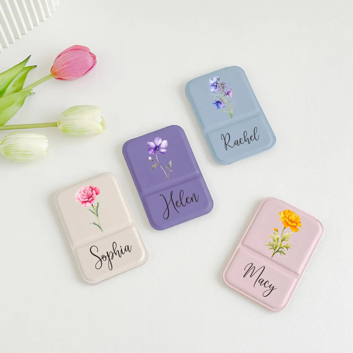 Personalized Birth Flower Compact Mirror – Custom Name Makeup Mirror
