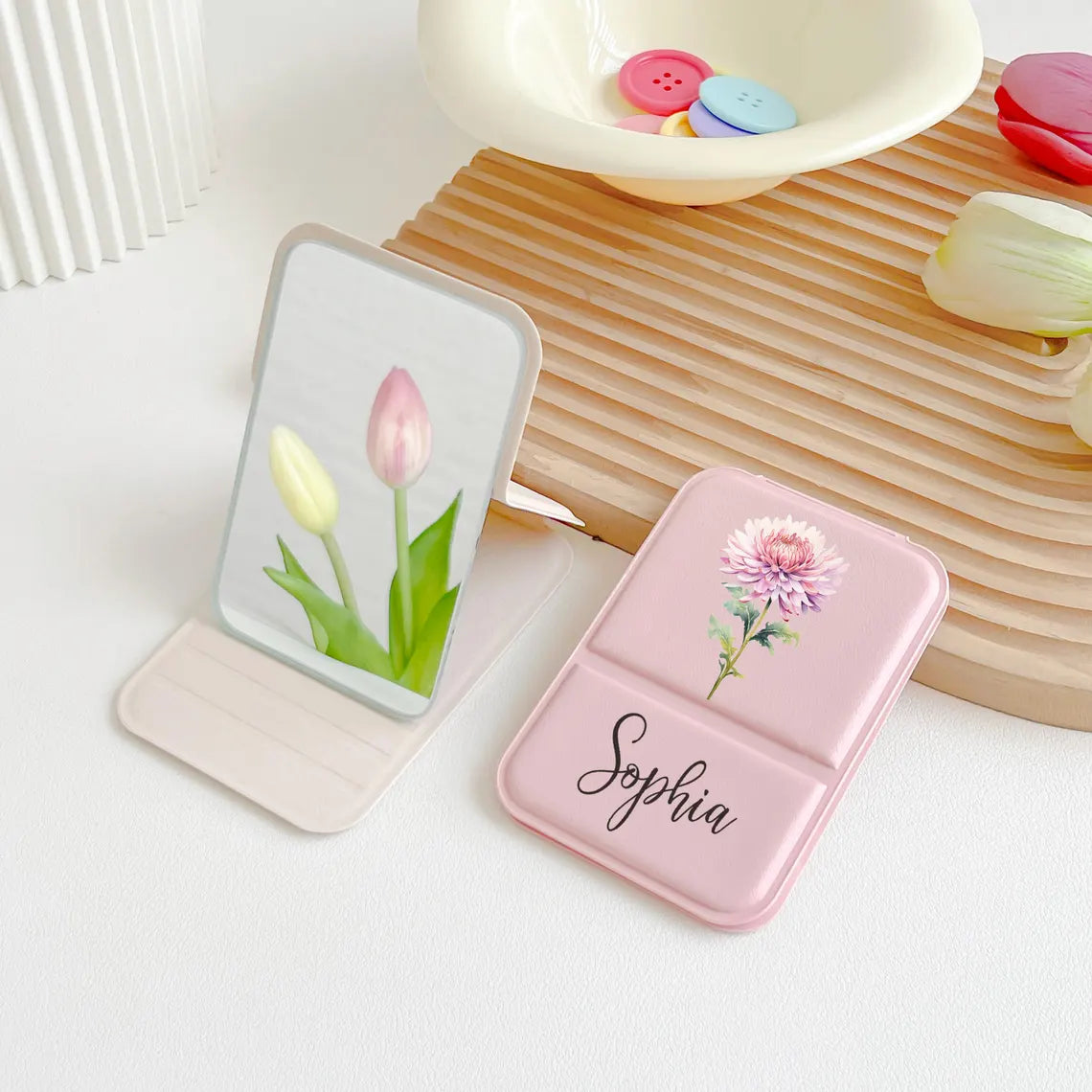 Personalized Birth Flower Compact Mirror – Custom Name Makeup Mirror