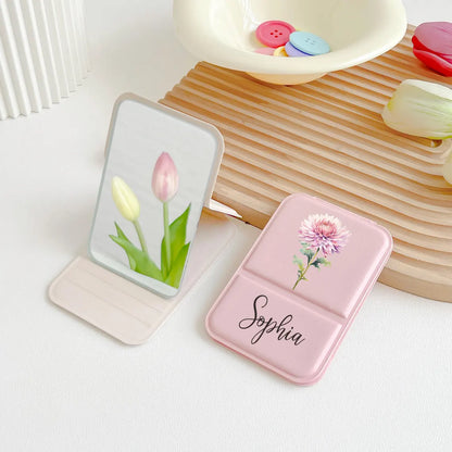Personalized Birth Flower Compact Mirror – Custom Name Makeup Mirror