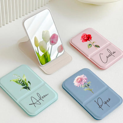 Personalized Birth Flower Compact Mirror – Custom Name Makeup Mirror