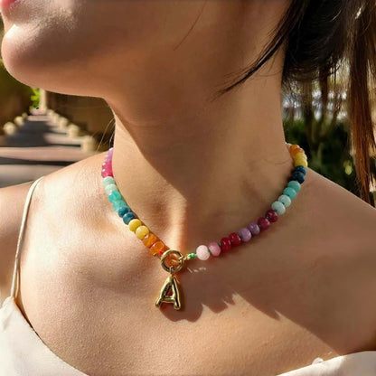 Rainbow Natural Stone Beaded Initial Necklace – Custom Gift for Her