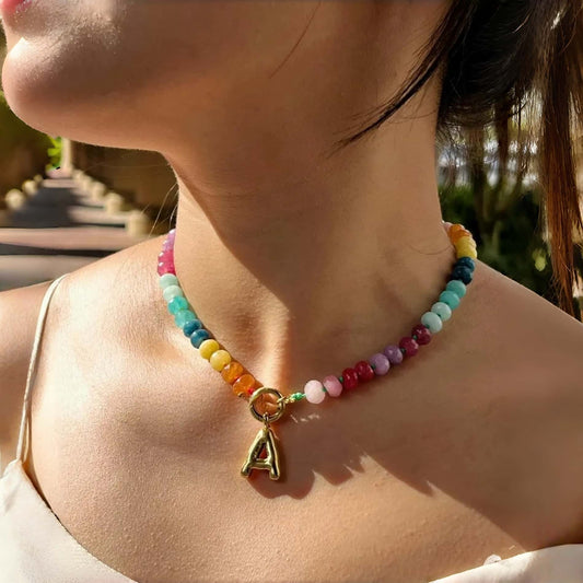 Rainbow Natural Stone Beaded Initial Necklace – Custom Gift for Her