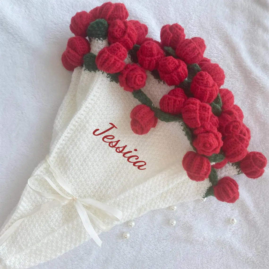 Personalized Crochet Rose Bouquet Blanket with Embroidered Name