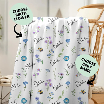 Custom Birth Flower Name Blanket – Personalized Baby Girl Keepsake