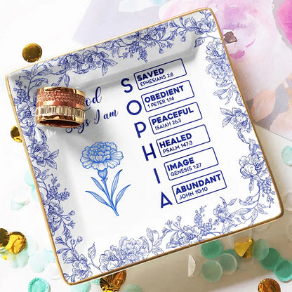 God Says I Am Birth Flower Jewelry Dish – Christian Toile de Jouy Gift