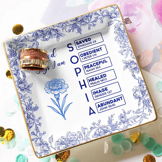 God Says I Am Birth Flower Jewelry Dish – Christian Toile de Jouy Gift