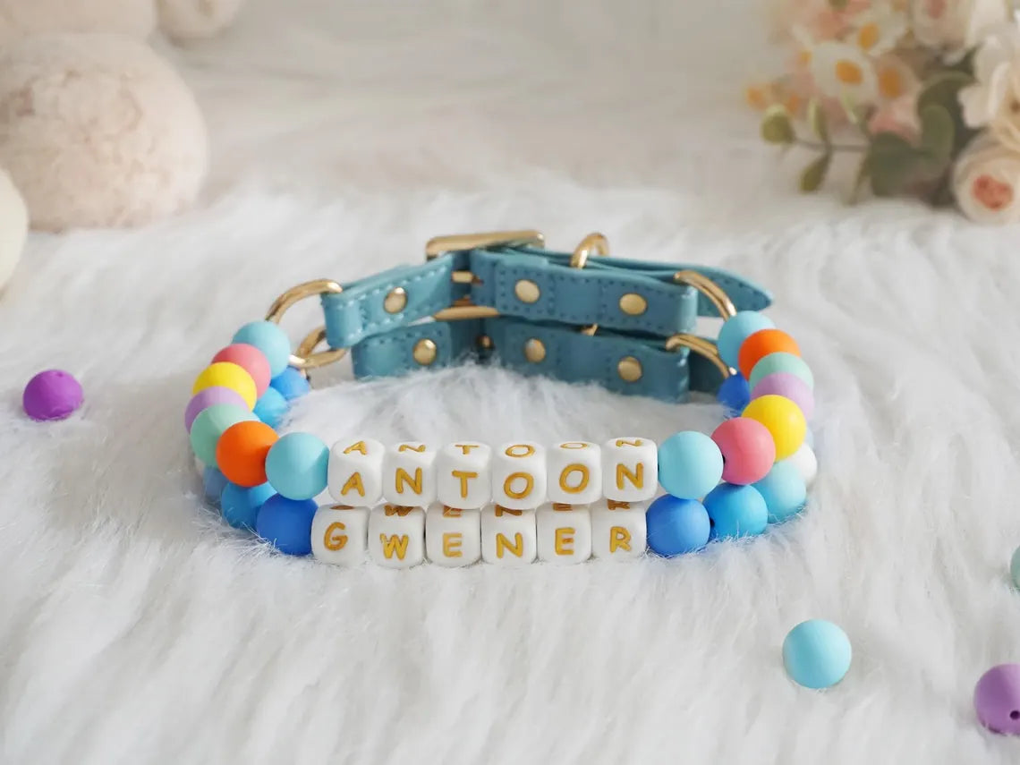 Personalized Beaded Pet Collar – Custom Name, XS-XL, 6 Colors