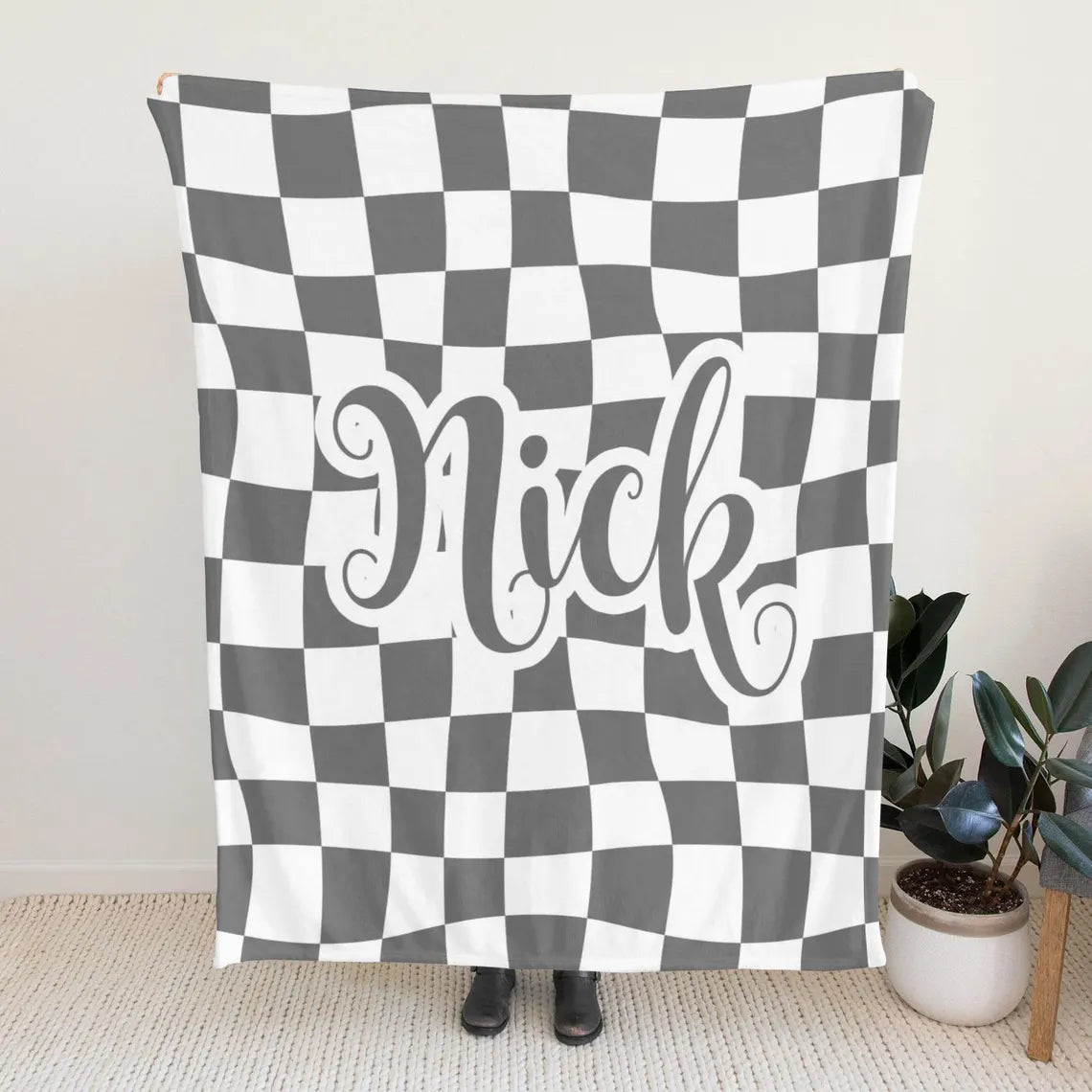 Personalized Checkerboard Blanket – Custom Name Sherpa & Flannel Throws