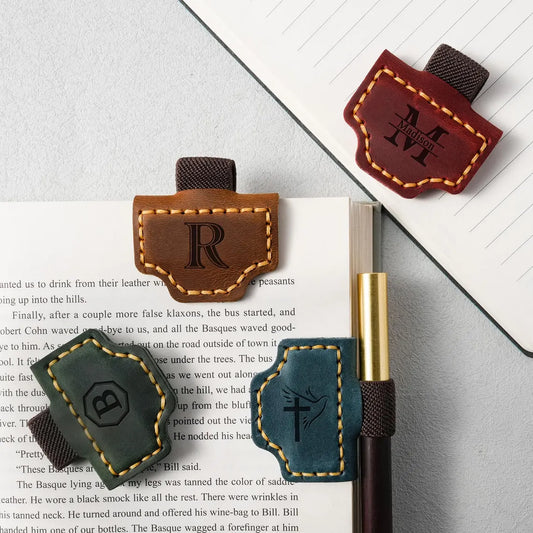 Custom Magnetic Leather Bookmark with Pen Holder – Engraved Book Accessory Gift