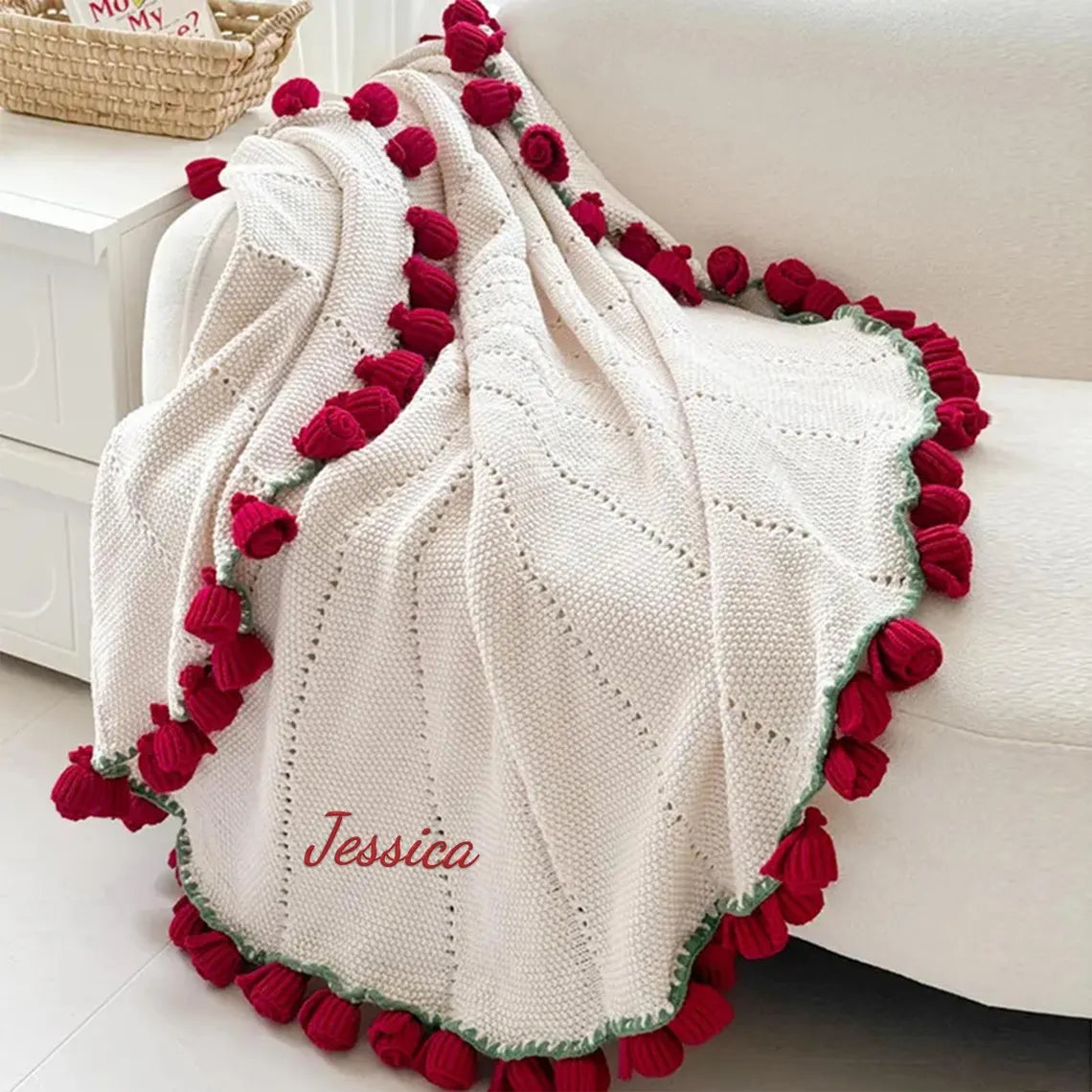 Personalized Crochet Rose Bouquet Blanket with Embroidered Name