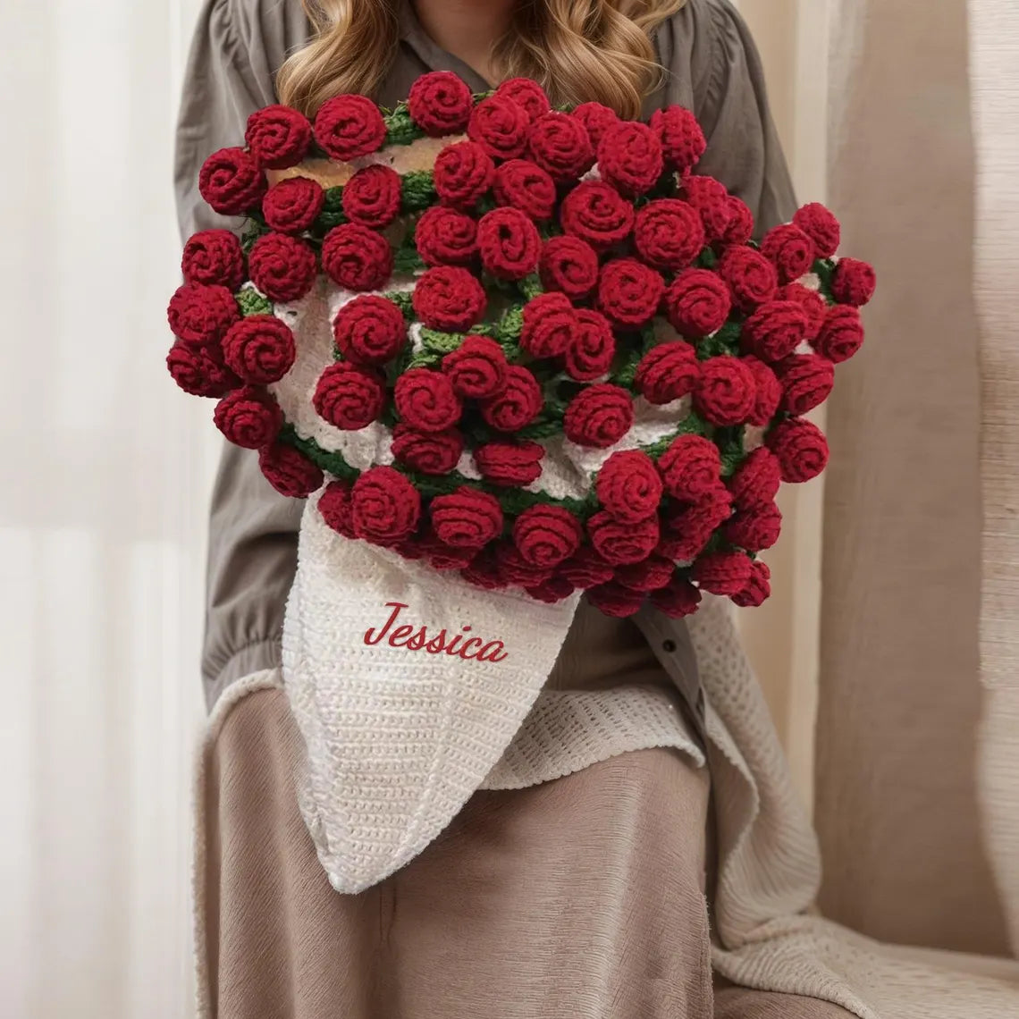 Personalized Crochet Rose Bouquet Blanket with Embroidered Name