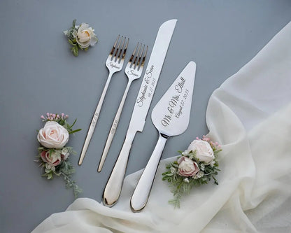 Personalized Wedding Cake Cutting Set – Knife, Server & Forks