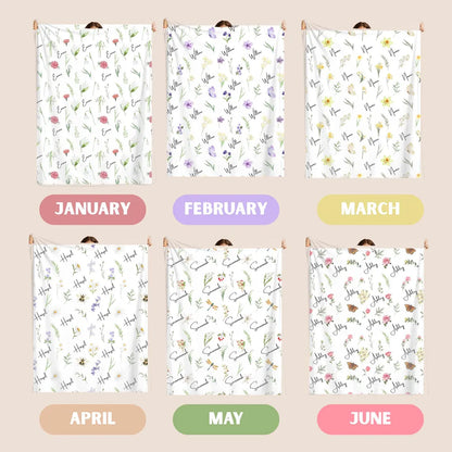 Custom Birth Flower Name Blanket – Personalized Baby Girl Keepsake