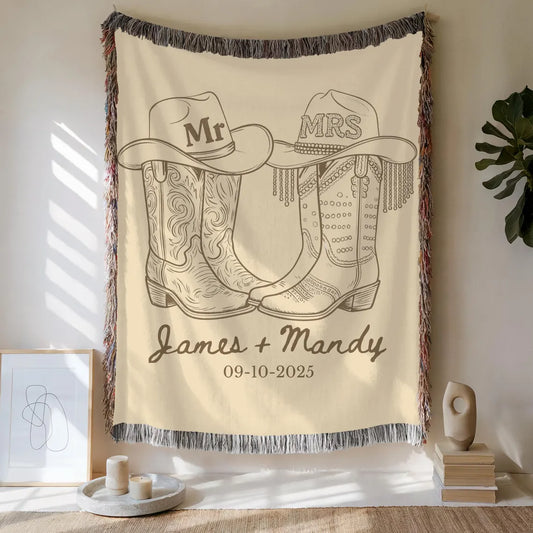 Personalized Western Wedding Blanket - Custom Names & Date Woven Throw