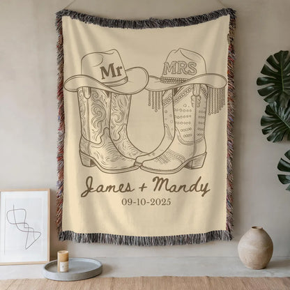 Personalized Western Wedding Blanket - Custom Names & Date Woven Throw