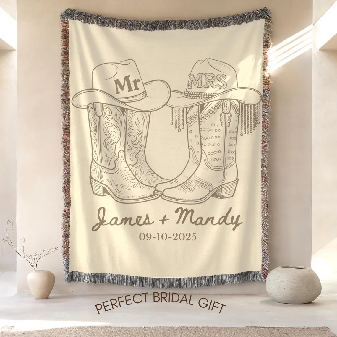 Personalized Western Wedding Blanket - Custom Names & Date Woven Throw