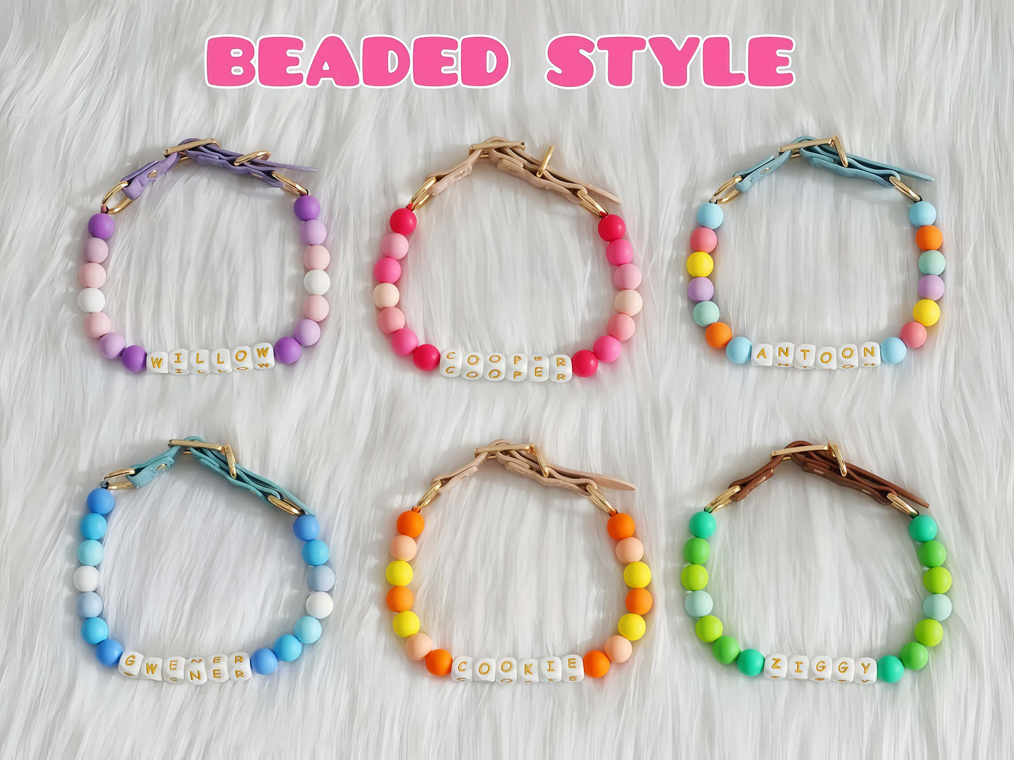 Personalized Beaded Pet Collar – Custom Name, XS-XL, 6 Colors
