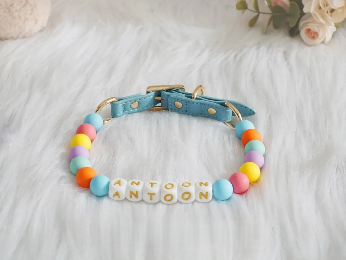 Personalized Beaded Pet Collar – Custom Name, XS-XL, 6 Colors