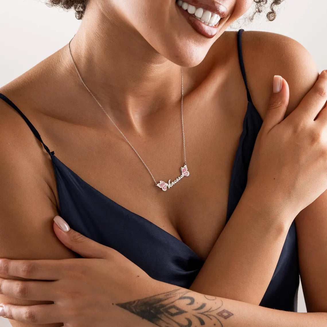 Butterfly Name Necklace with Pink Enamel Wings – Custom Jewelry Gift