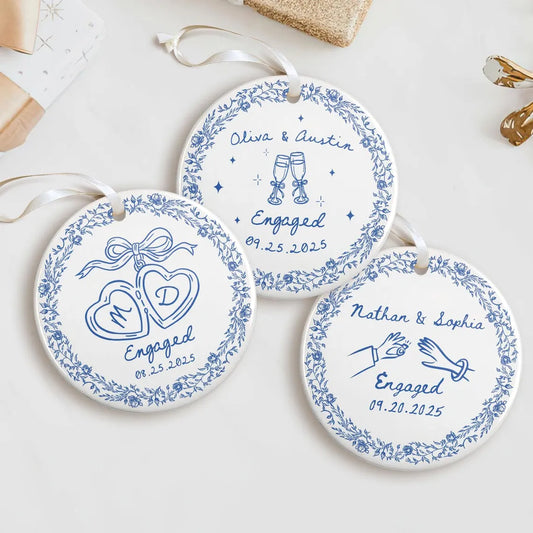 Chinoiserie Ceramic Engagement Ornament – Blue Toile Newlywed Gift