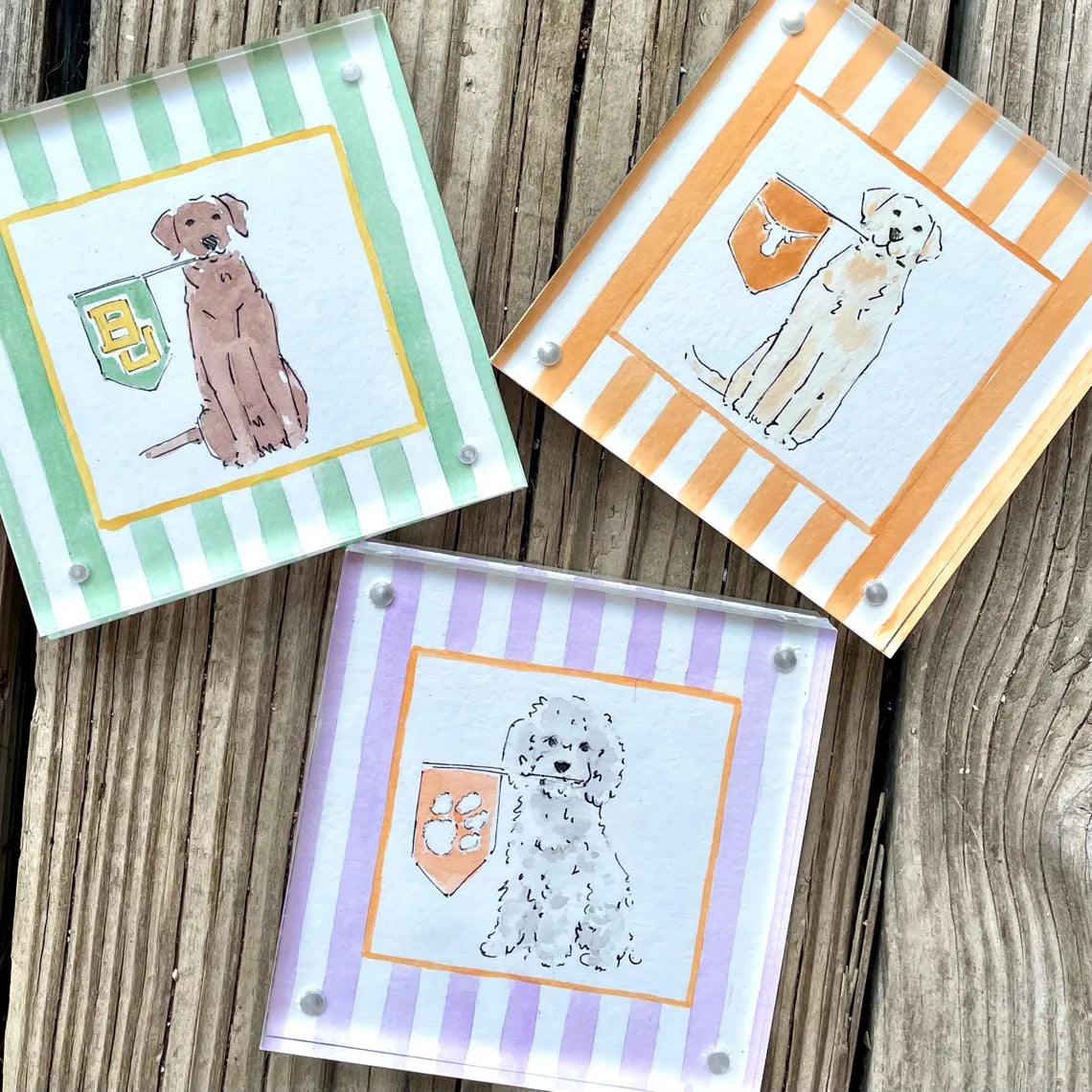 Custom 4x4” Pet Portrait – Watercolor Effect in Acrylic Frame with College Flag