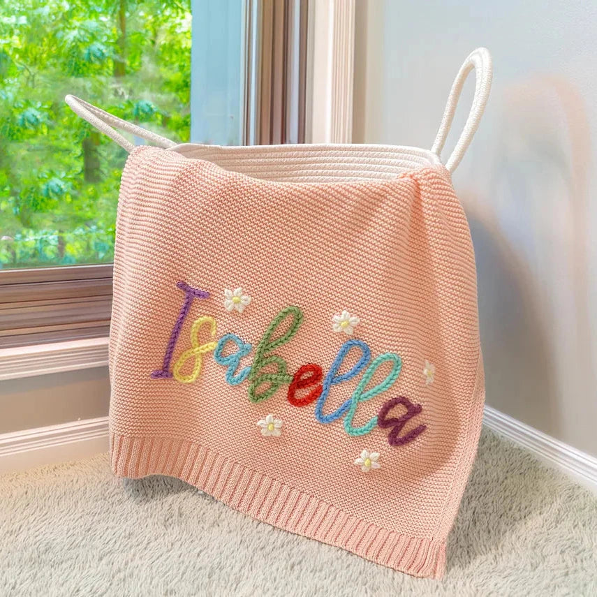 Personalized Floral Baby Name Knit Blanket | Custom Embroidered Gift