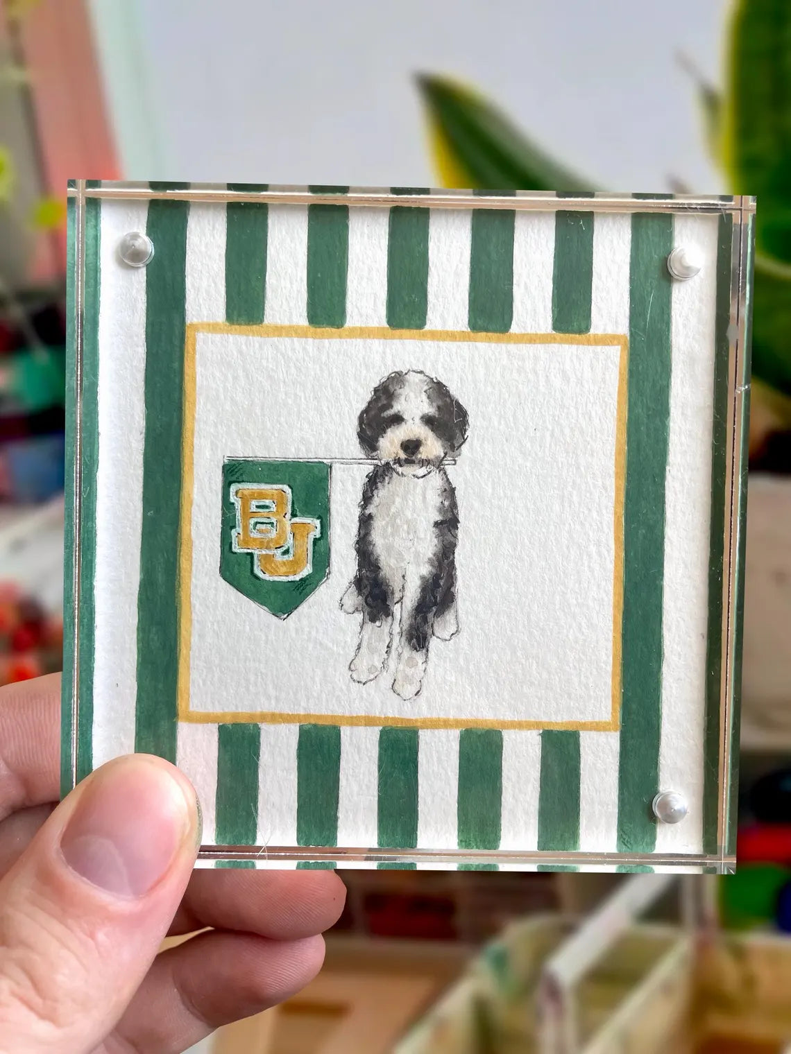 Custom 4x4” Pet Portrait – Watercolor Effect in Acrylic Frame with College Flag