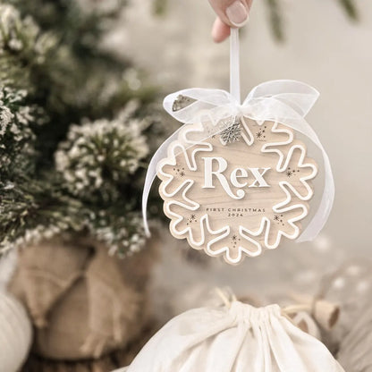 Custom Baby First Christmas Snowflake Ornament 2025 – Name & “First/Merry Christmas”