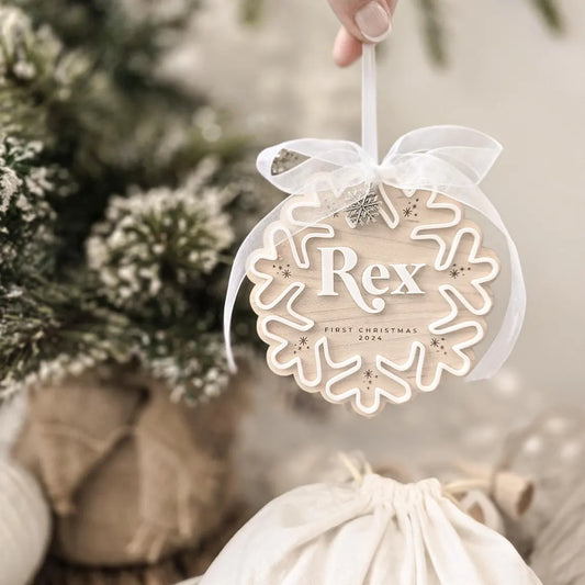 Custom Baby First Christmas Snowflake Ornament 2025 – Name & “First/Merry Christmas”
