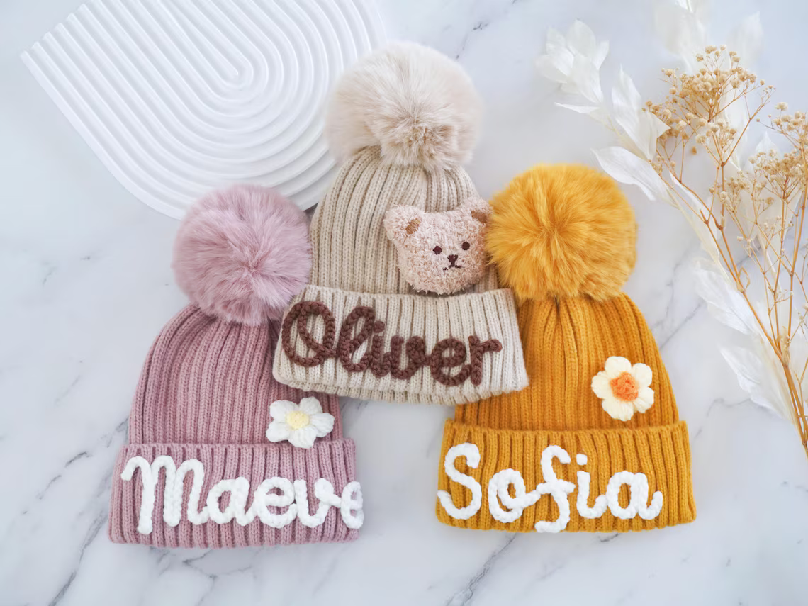 Personalized Family Beanie – Custom Name Knit Hat with Pom Pom