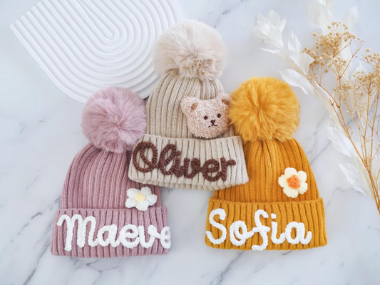Personalized Family Beanie – Custom Name Knit Hat with Pom Pom