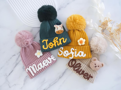 Personalized Family Beanie – Custom Name Knit Hat with Pom Pom