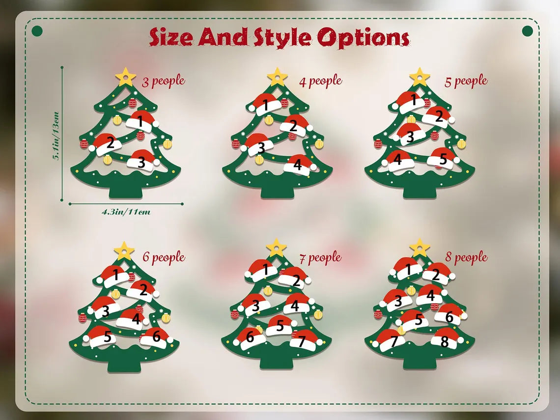 Décoration de Noël familiale en bois personnalisée 2025 – Noms sur les chapeaux