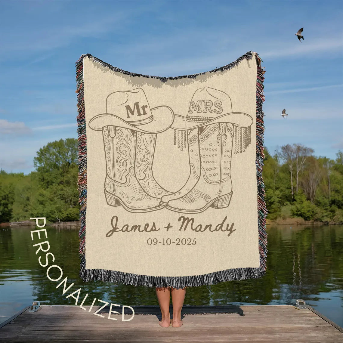 Personalized Western Wedding Blanket - Custom Names & Date Woven Throw