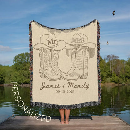 Personalized Western Wedding Blanket - Custom Names & Date Woven Throw