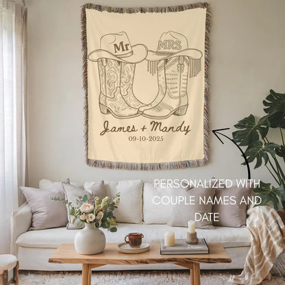 Personalized Western Wedding Blanket - Custom Names & Date Woven Throw