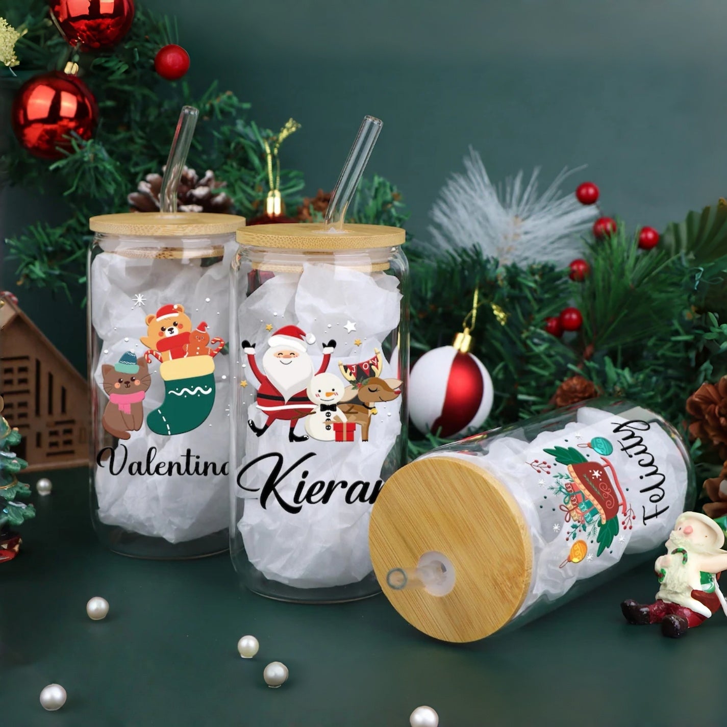 Tasse de Noël personnalisée en verre | Mug de 473 ml pour café glacé et boissons de Noël