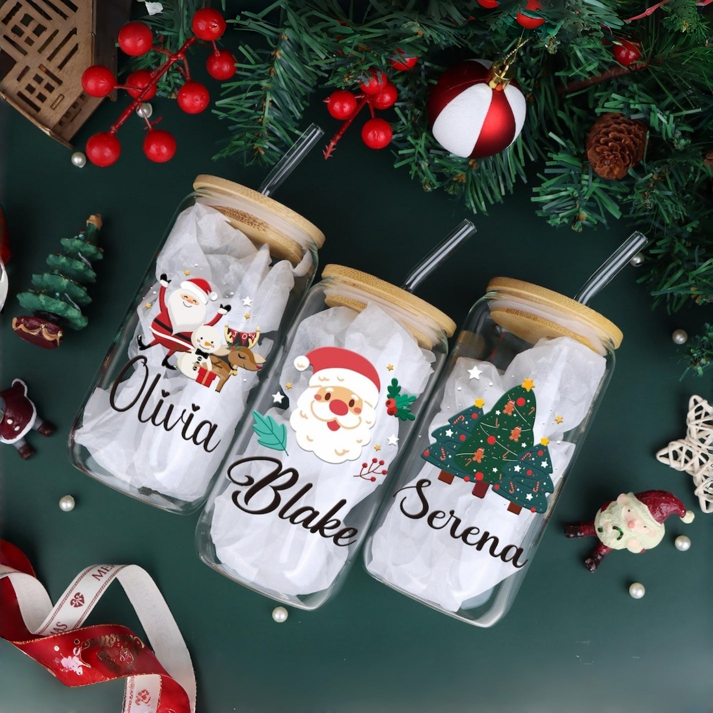 Tasse de Noël personnalisée en verre | Mug de 473 ml pour café glacé et boissons de Noël