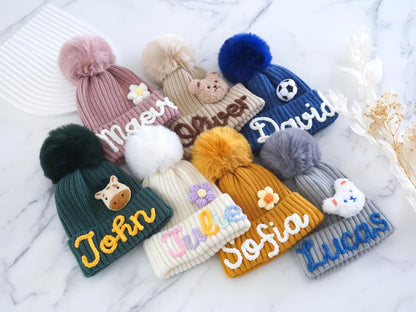 Personalized Family Beanie – Custom Name Knit Hat with Pom Pom