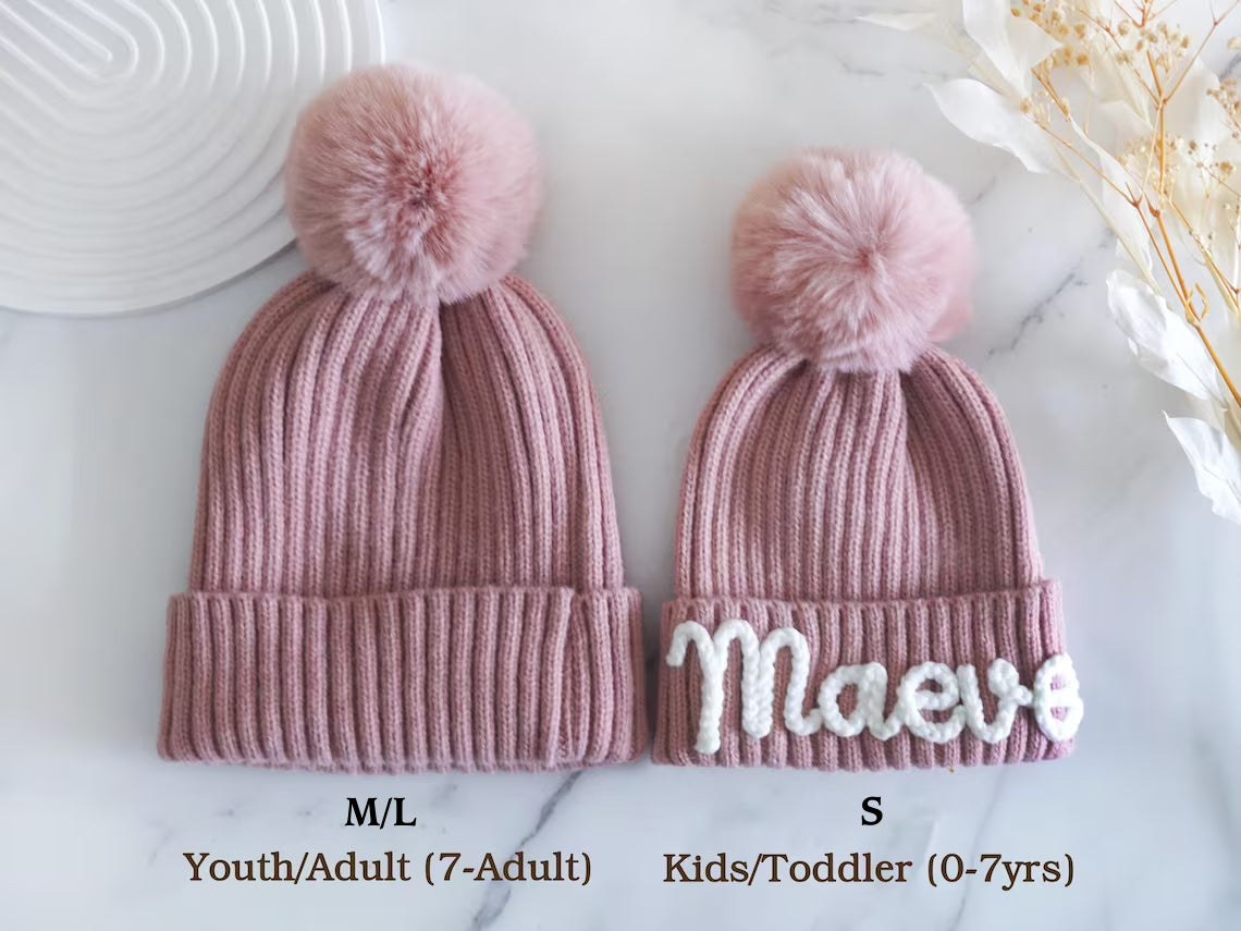 Personalized Family Beanie – Custom Name Knit Hat with Pom Pom